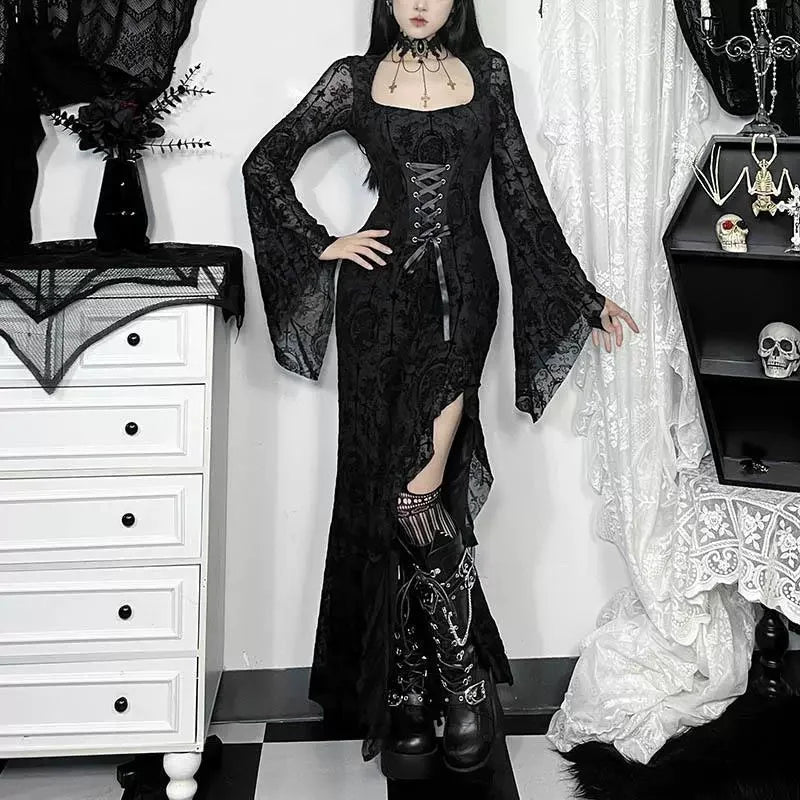 Halloween Costume Women Batwing Sleeve Floor Dress Black Gothic Evil Terror Maxi Mistress Morticia Addam Family Outfit For Adult