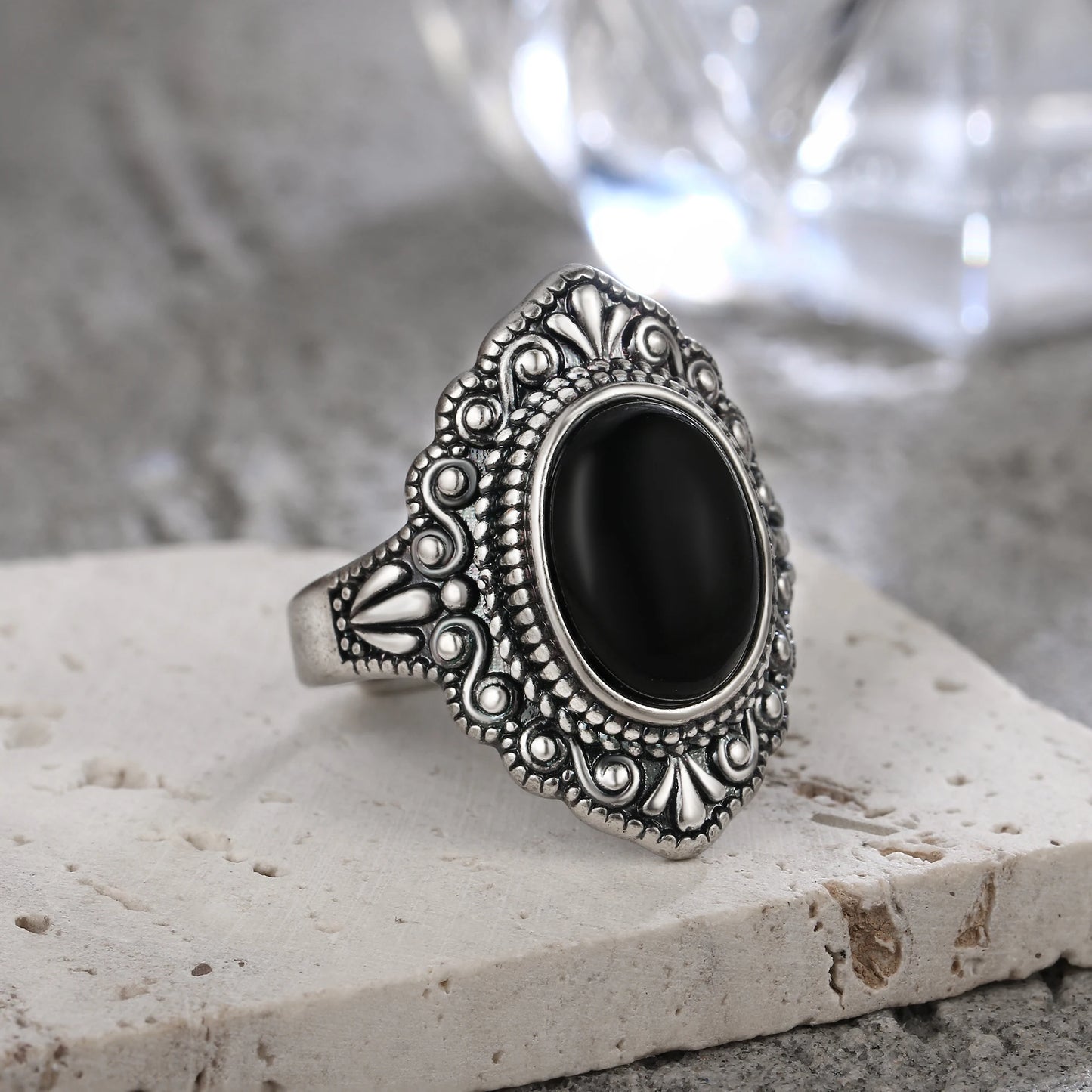 S925 Silver Ring Oval Natural Black Onyx Rings Finger Ring Retro Black Labradorite Fine Jewelry Party For Women Men