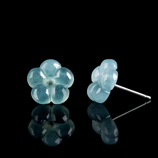 Natural A-grade Jade Blue Water Plum Blossom Earrings Ice Jadeite Petals S925 Silver Inlaid Antique Style Women's Gifts Jewelry