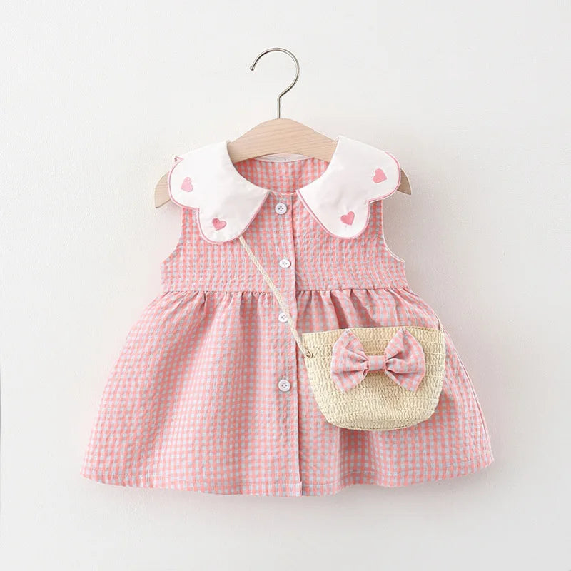 2Pcs/Set Toddler Girl Plaid Dresses Love Lapel Sleeveless Cotton Baby Children Clothes Summer Kids Costume 0 To 3 Years + Bag