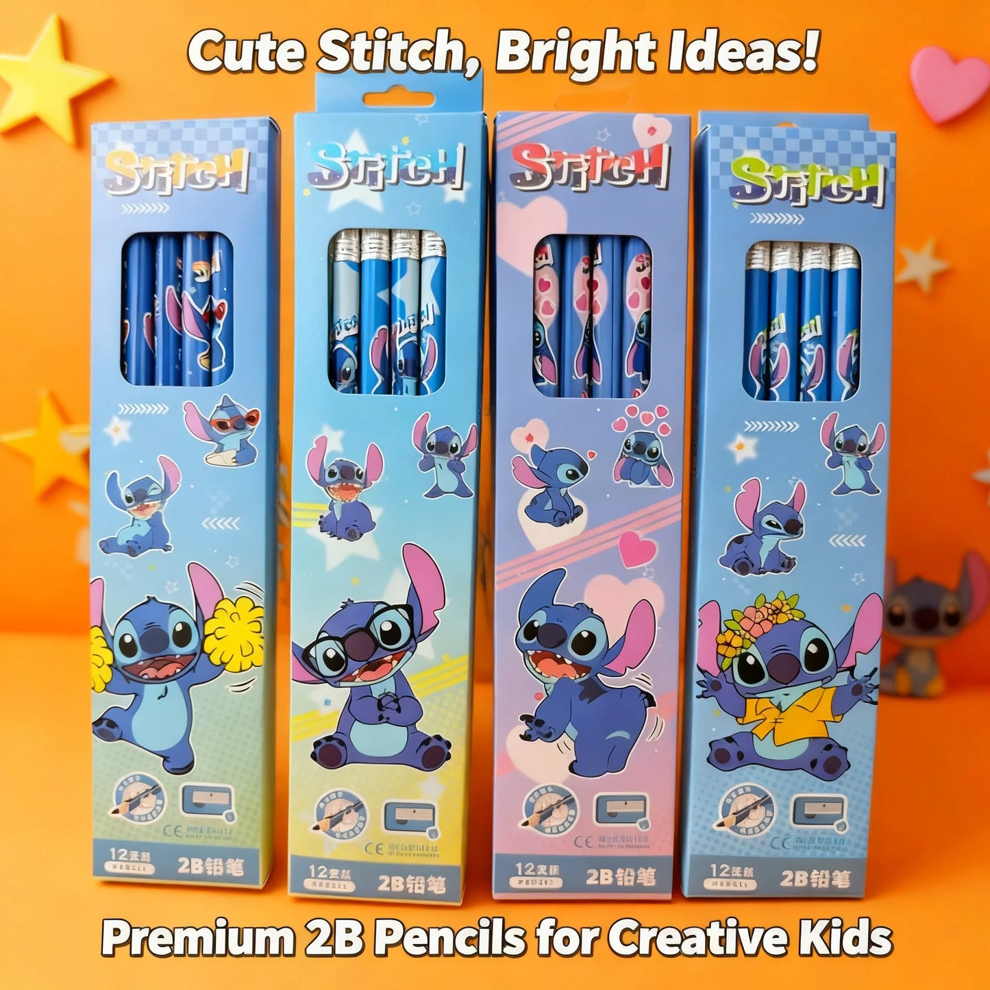 12pcs Cute Stitch Anime Cartoon Kawaii Pencils with Sharpener for Students Children School Supplies Writing Tool Gifts for Kids