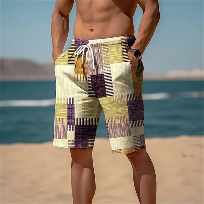 Square Splicing Pattern Beach Shorts Men Colorful Plaid 3D Print Short Pants Summer Hawaiian Casual Sports Quick Dry Swim Trunks