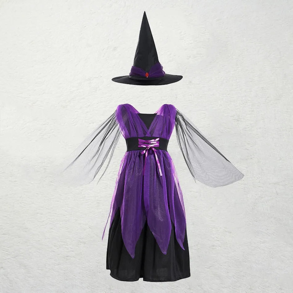 Children Witch Costume Girls Fairytale Wizard Dress Kids Halloween Pumpkin Clothes Baby Bat Spider Party Cosplay Outfit 2-15T
