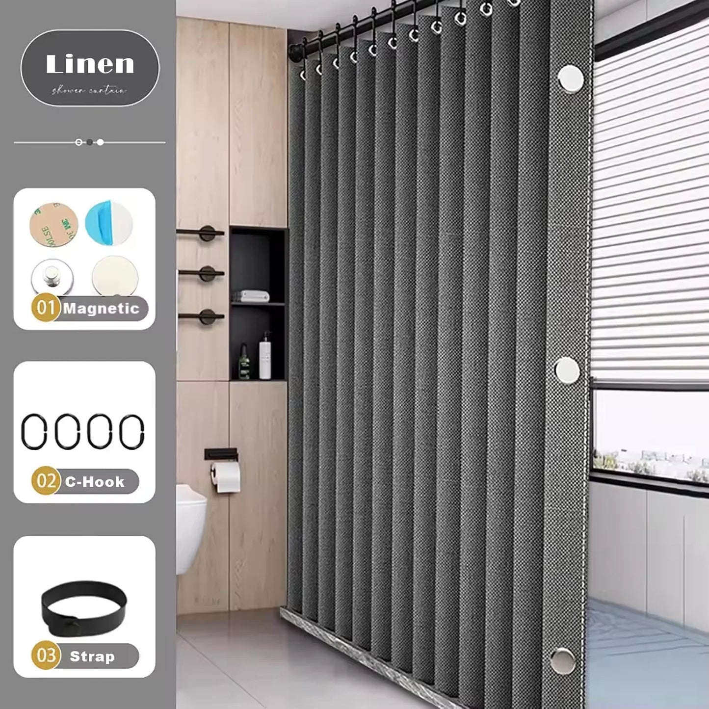 Magnetic Foldable Linen Bath Curtain Waterproof for Walk-In Shower - No Included Adjustable Rod