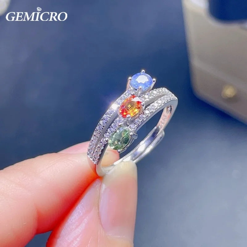 Gemicro Natural Colorful Sapphire Rings with Stones of 3X4mm and S925 Sterling Silver for Women Gifts and Birthstone Gem Jewelry