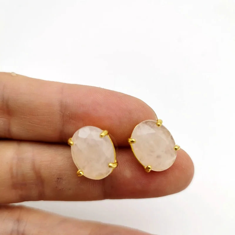 Oval Shape Stud Earrings Silver Color Natural Stone Faceted Pink Quartz Crystal Tiger Eye lapis lazuli Healing Jewelry Female