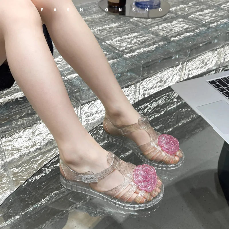 Summer Children Closed-Toe Beach Soft Sole Non-Slip Kids Hollow Casual Shoes Jelly Crystal Girls Casual Roman Princess Sandals