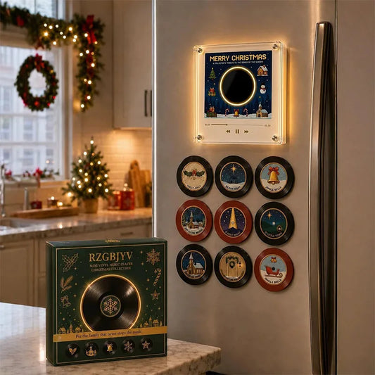 Christmas Magnetic Vinyl Player Fridge Magnet 9 NFC Discs Mini Music Box LED Glow USB-C Rechargeable Christmas Decor Gifting