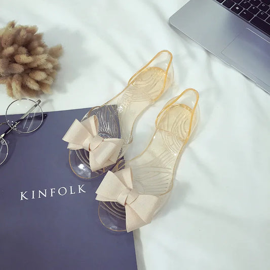 Size 36-42 Women Girls Jelly Sandals Peep-toe Shoes INS Hot Sales Sweet Bow Transparent PVC Summer Beach Flats Shoes
