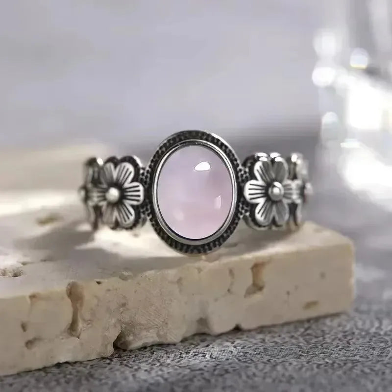 Vintage S925 Sterling Silver Rose Flower Ring With Oval 8*10mm Natural Moonstone Sweet Ring Fine Jewelry For Woman