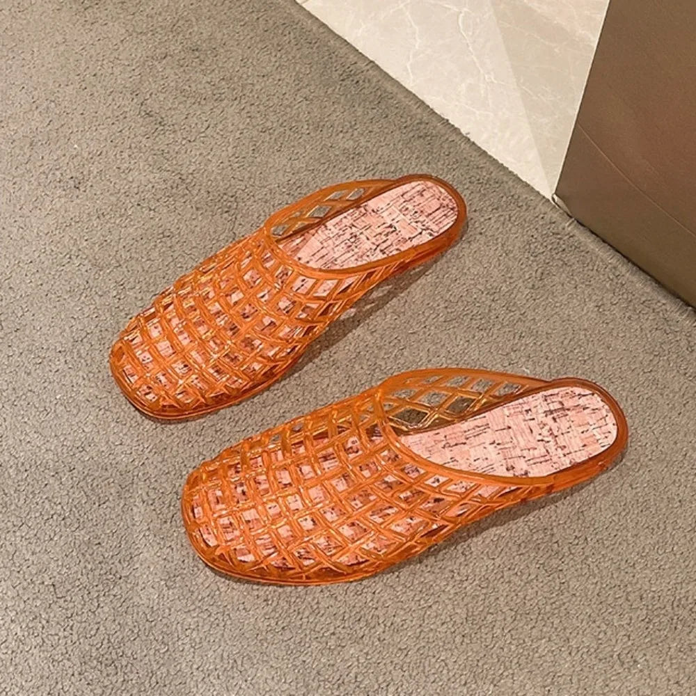 Round Toe PVC Crystal Slippers Non-Slip Transparent Fishing Net Jelly Sandals Soft Flat Low Bottom DIY Shoes Charms Shoes