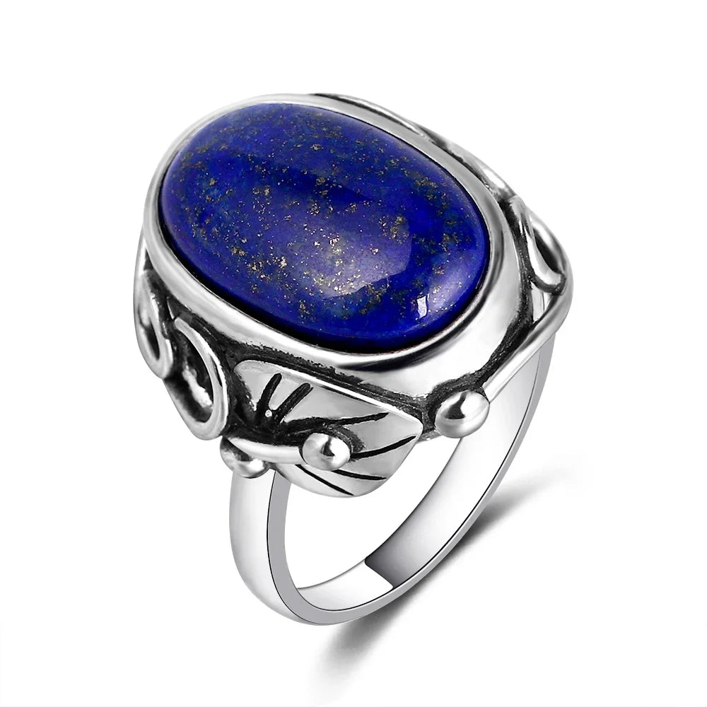 S925 Silver Ring Natural Lapis Lazuli White Chalcedony Moonstone Ring Large Stone 11x17MM Oval Jewelry for Women