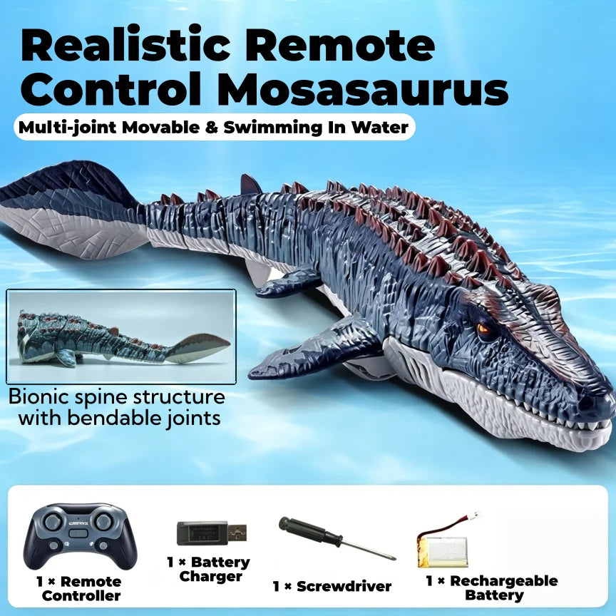 15 Inch Underwater RC Mosasaurus Prehistoric Beast, Bionic Movable Joints, LED Light & Water Spray Remote Control Swimming Toy