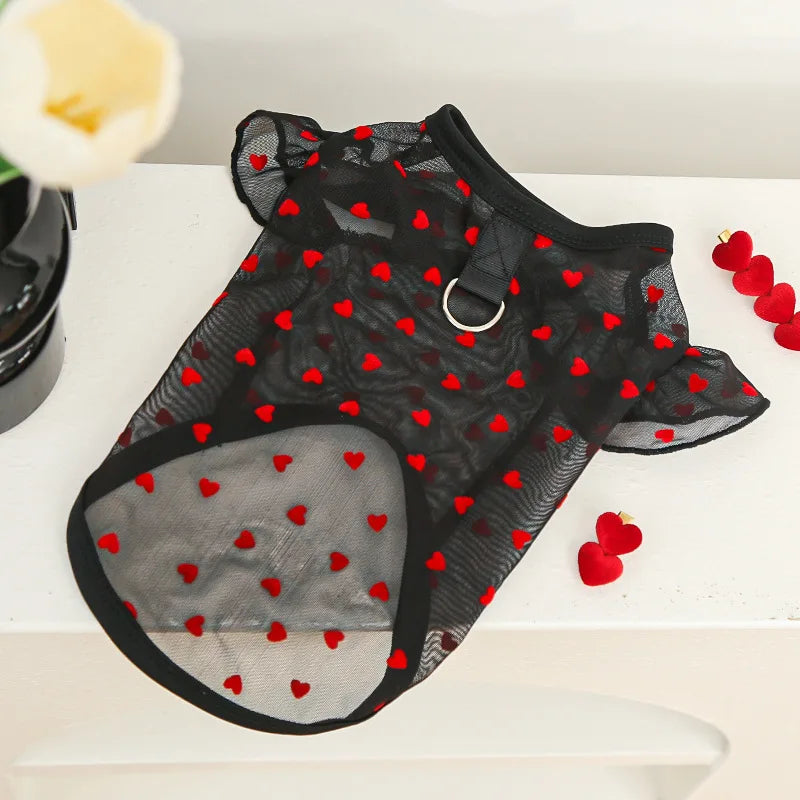 Thin Cooling Dog Vest Heart Flying Sleeves Dog Summer Clothes with D-Ring Chihuahua Bichon Girl Shirt Cat Vests Dog Mesh T Shirt