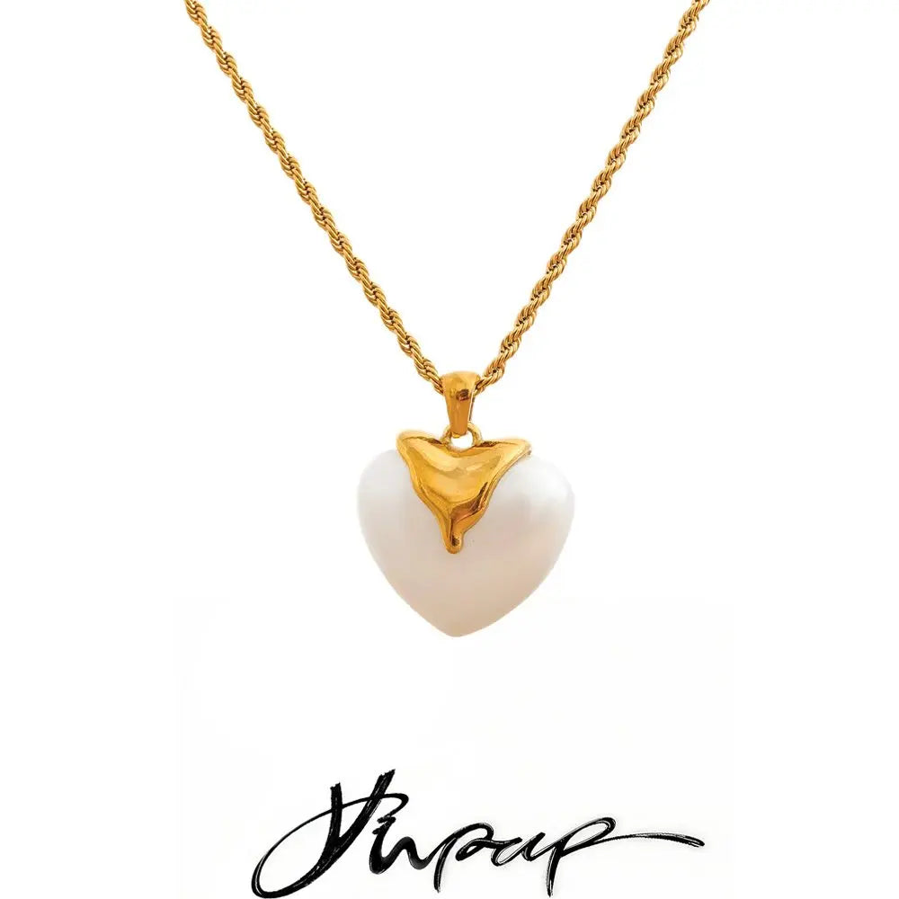 Yhpup Stainless Steel Imitation Pearls Heart Pendant Necklace for Women Elegance Popular Chic Romantic Korean Jewelry Gift