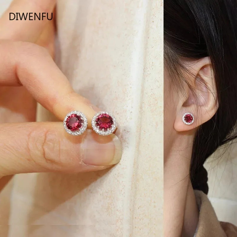 Natural Ruby Earrings for Women Wedding S925 Sterling Silver Fine Jewelry Round Green/red Diamond Luxury Brincos Women Earring
