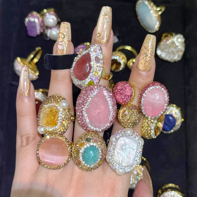 Natural Amethyst Freshwater Pearl Finger Rings Handmade Rhinestone Quartz Sudan Stone Jewelry for Women Mix Design Gemstone