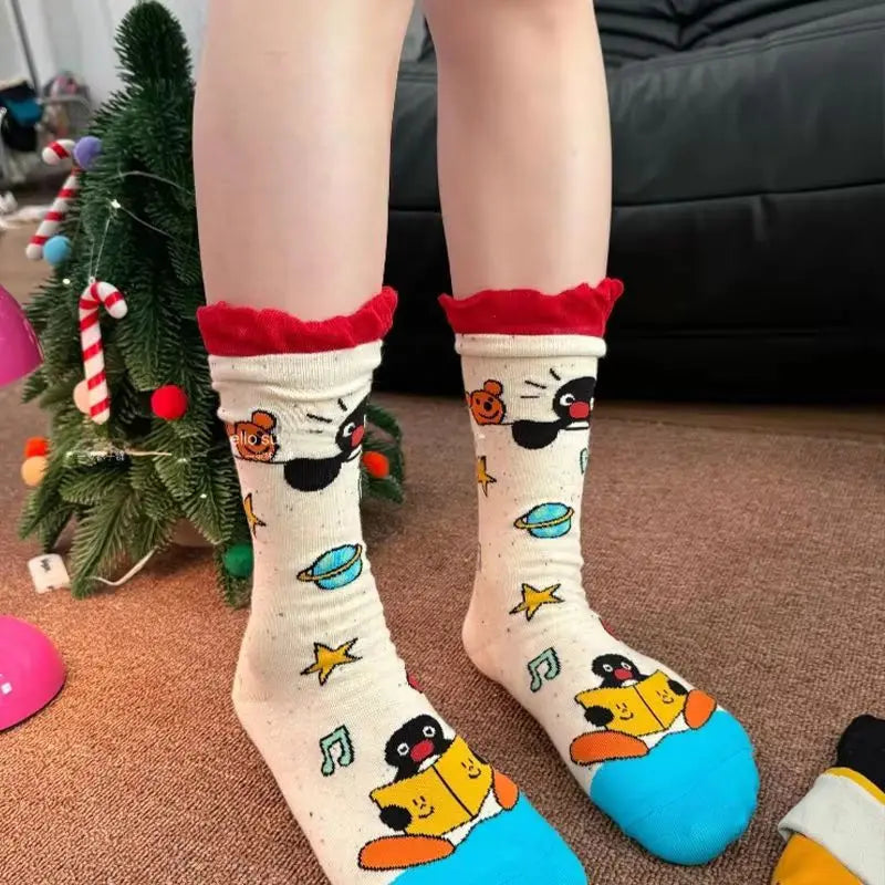 4 Pairs Pingu Medium Length Socks Women Cartoon Autumn Winter Casual Breathable Soft Versatile Fashionable Kawaii Girls Socks