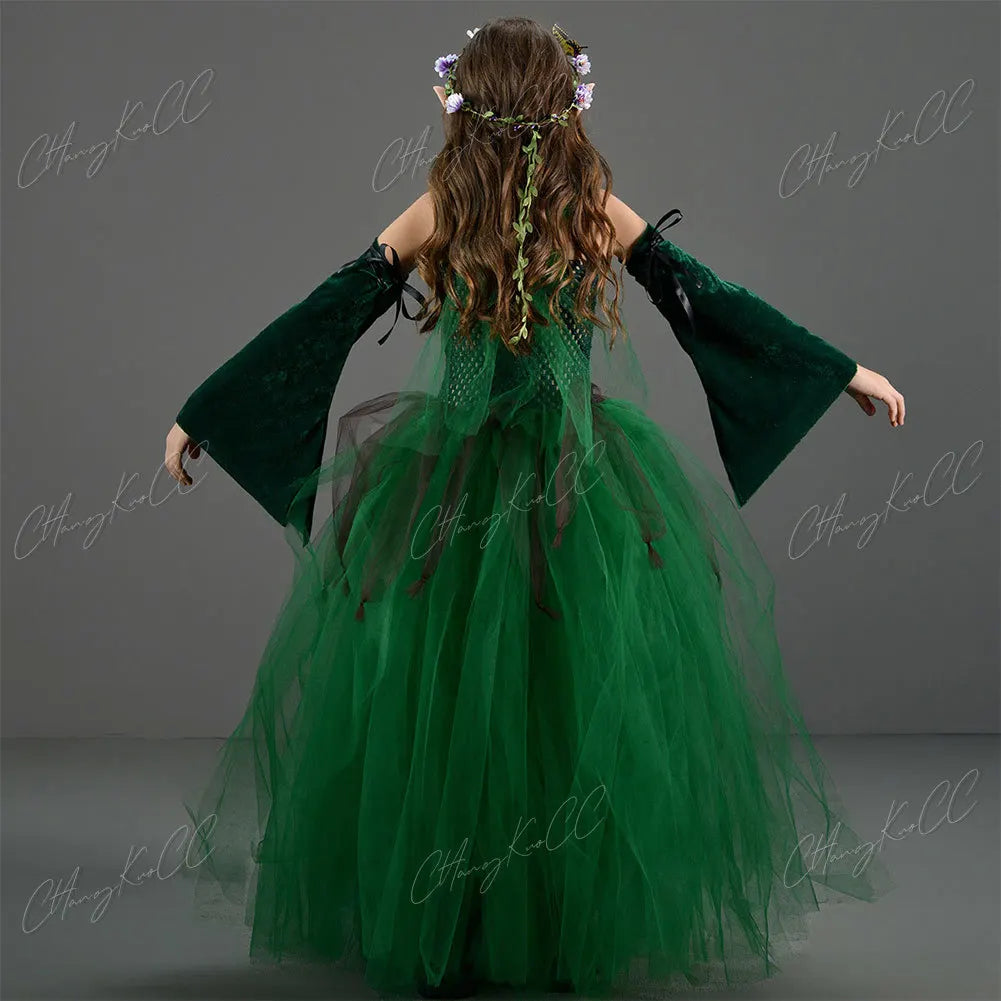 Kids Children Forest Elf Cosplay Princess Green Dress Costume Girls Stage Performance Ears Clothing Outfits Halloween Party Suit
