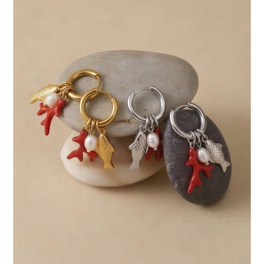 Yhpup Ocean Style Stainless Steel Natural Pearl Fish Drop Charm Earrings Summer Handmade Arrivals Ear 2026 Jewelry PVD Plated