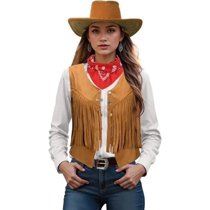 Women Men Cowgirl Costume Western Vest Hat Belt Bandana Set for Cowboy Tassels Fringe Vest Halloween Outfits Wild West Cosplay