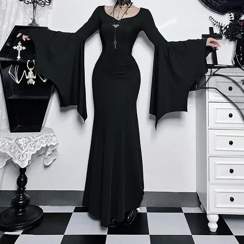 Halloween Costume Women Batwing Sleeve Floor Dress Black Gothic Evil Terror Maxi Mistress Morticia Addam Family Outfit For Adult