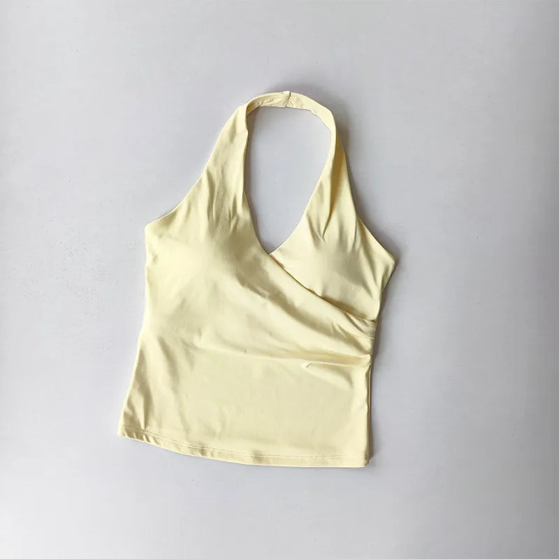 Sexy V-neck Cross Halter Neck with Chest Pad Yoga Vest Sleeveless Naked Sense Sports Fitness Bras Top Outer Wear Beautiful Back