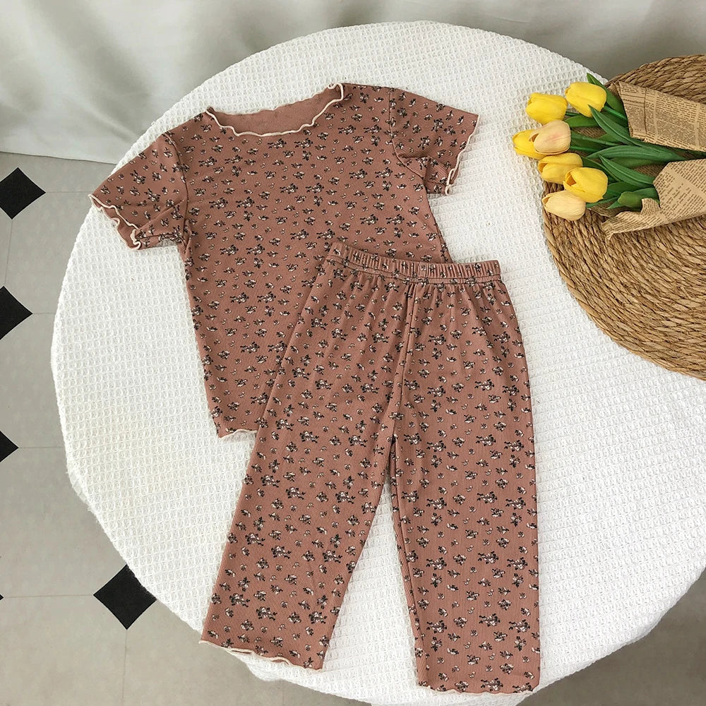 Bear Leader Summer Fashion New Short Sleeve Round Neck Flower Printed T-shirt Top+Pants 2 Piece Set Kids Casual Home Clothes
