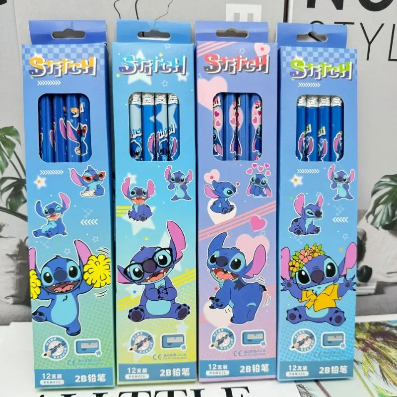 12pcs Cute Stitch Anime Cartoon Kawaii Pencils with Sharpener for Students Children School Supplies Writing Tool Gifts for Kids