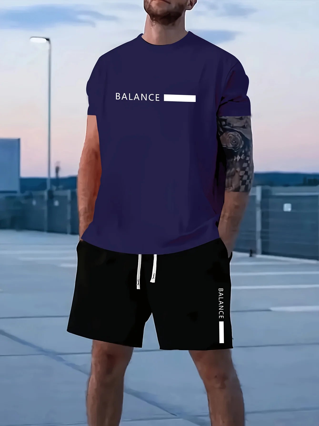 2026 Casual Men's Set Summer Apparel Color-Blocked Short-Sleeve Top Relaxed Drawstring Shorts Stylish Streetwear Ensemble