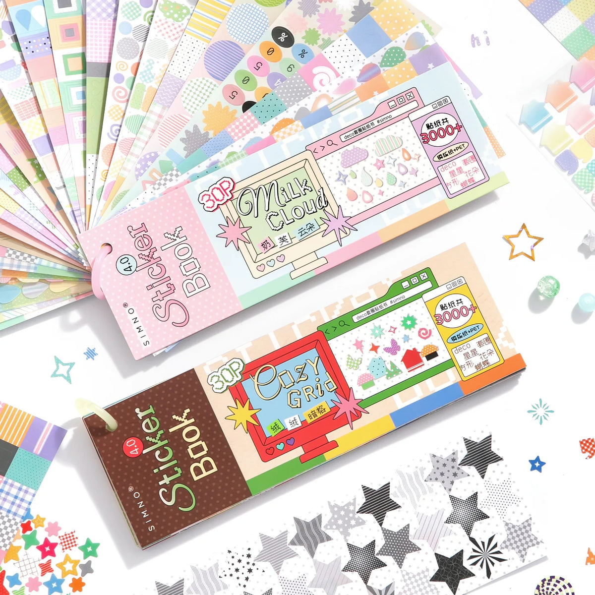 30pcs Color Card Basic 4.0 Series Kawaii Ins Multi Material Checkered Stripe Basic Die Cut Sticker Book DIY Scrapbook Aesthetics