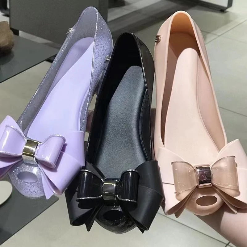 New Women's Jelly Shoes Fashion Ladies Fish Mouth Sandals Adult Girls Non-slip Beach Shoes Crystal Flash Retro Bow Sandal Female