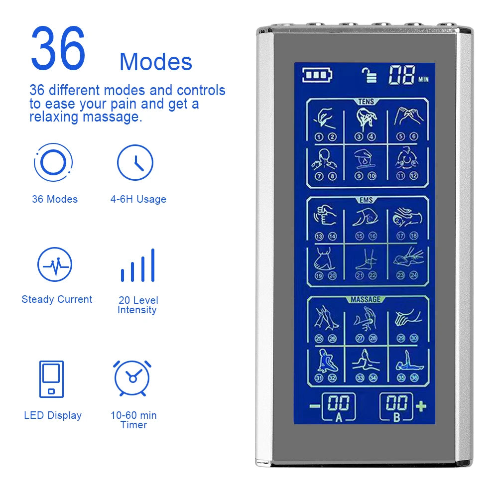 36 Modes Tens Unit Machine with 4 Electrode Pads for Pain Relief Pulse Massage EMS Muscle Stimulator Pain Relief Massage Relax