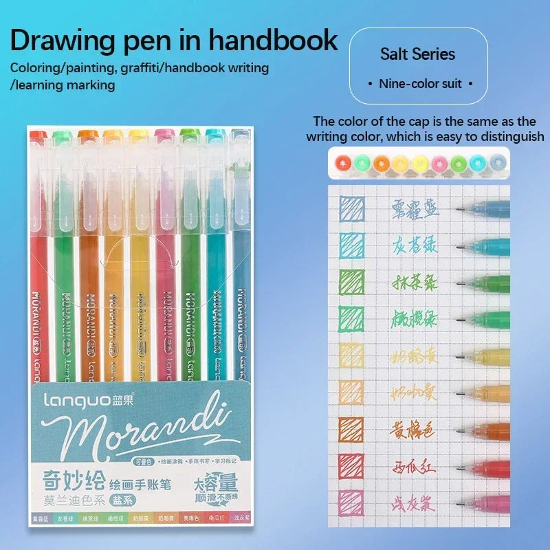 Languo Gel Pen Large Capacity Handbook Pens 6/9Pcs 0.6mm Student Art Diy Doodling Drawing Markers Office Kawaii Art Stationery