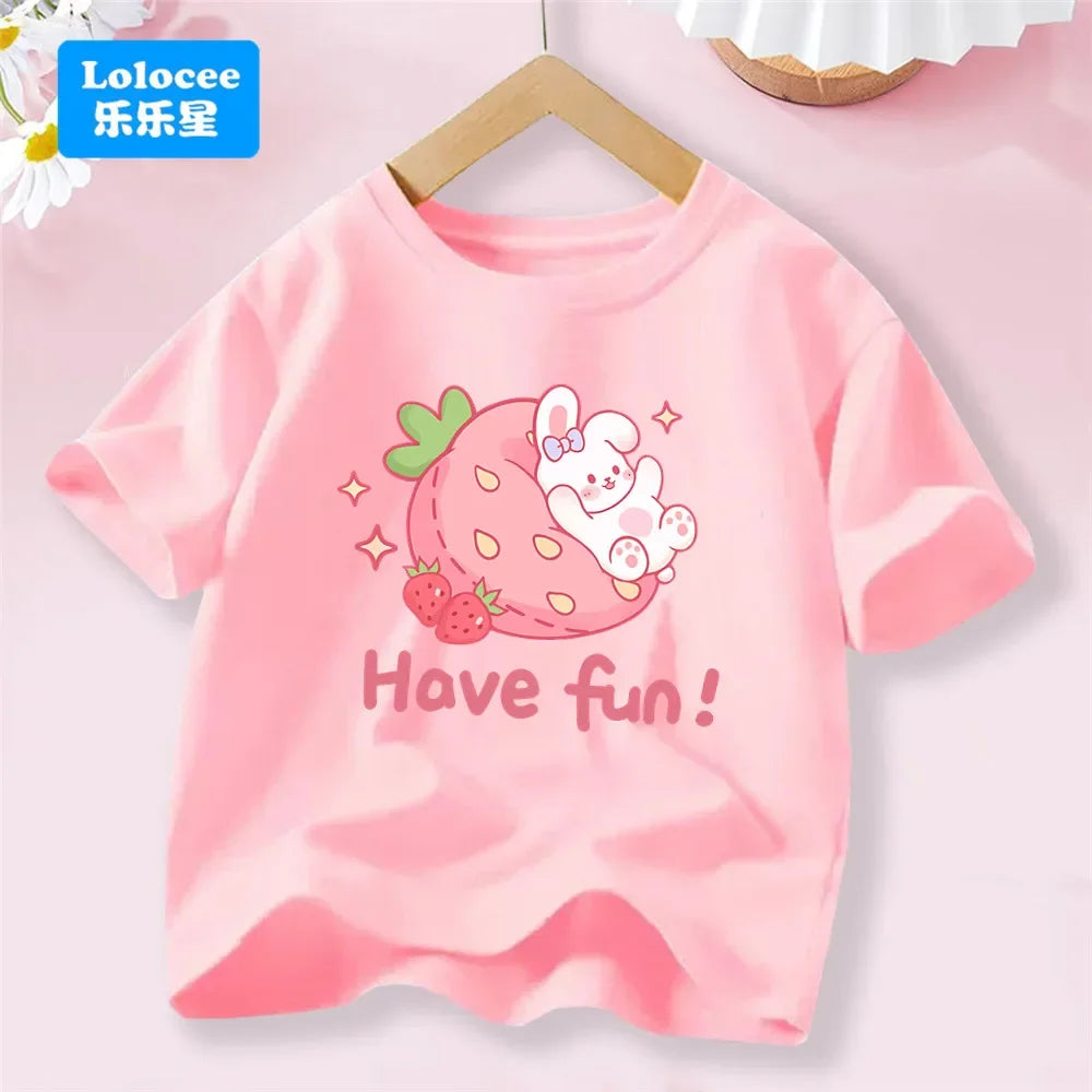 3-14T Kid Clothes Summer Cotton T Shirt Short Sleeve Top Beauty Tulip Flower and Rabbit Print Tee Childrens Candy Color Tshirt