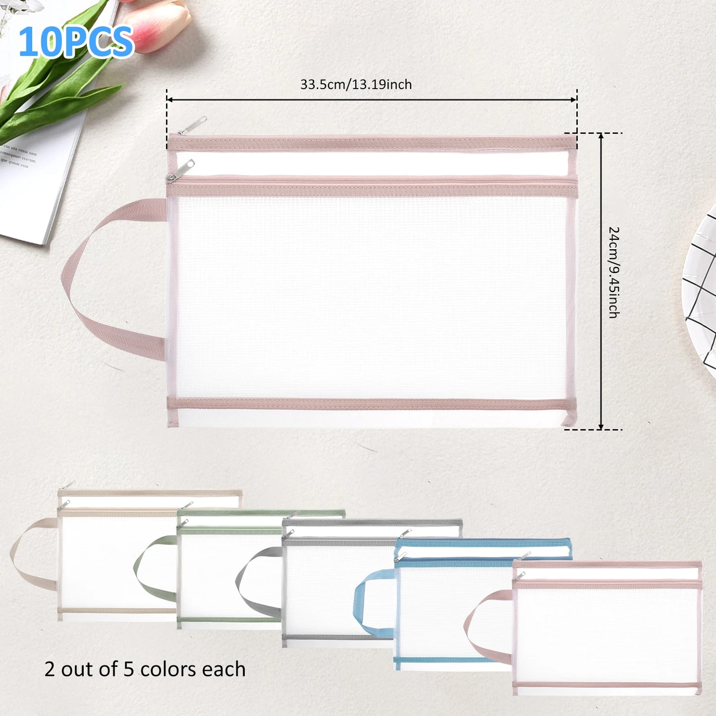 10 Pcs Double Layer Mesh Zipper Folder File Pouch A4 Paper Stationery Storage Bag School Office Supplies Organizer