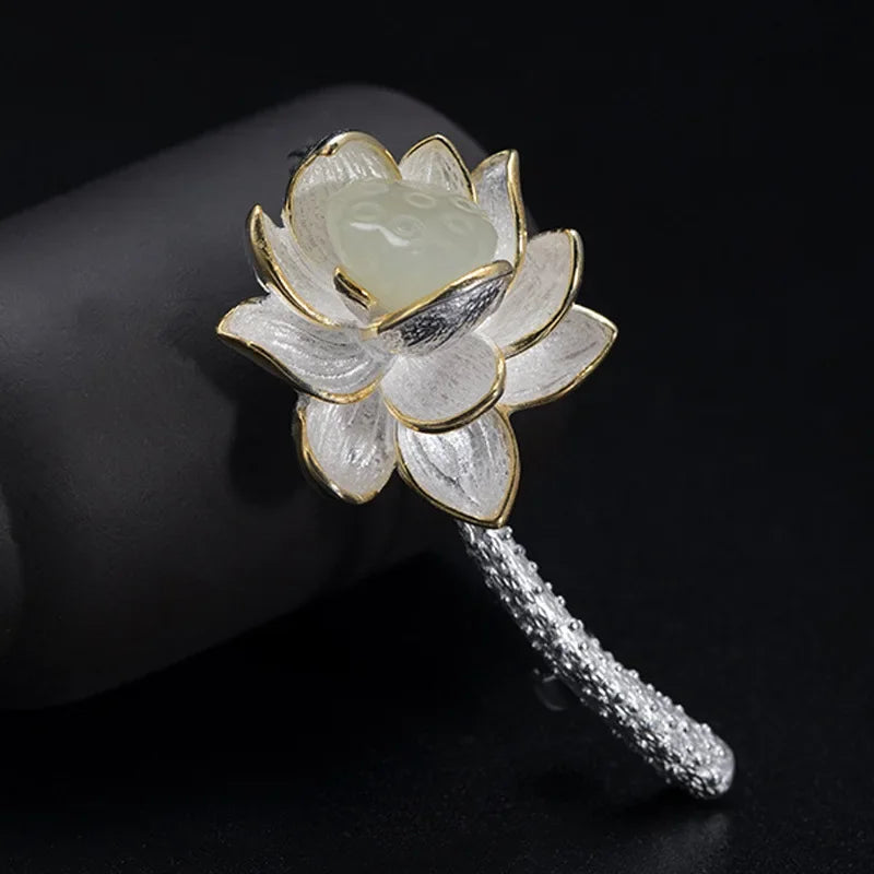 Classic Lotus Flower Jewelry Sets Natural Hotan Jade Various Exquisite Ring Earrings for Women Pendant Hairpin Brooch Bracelets