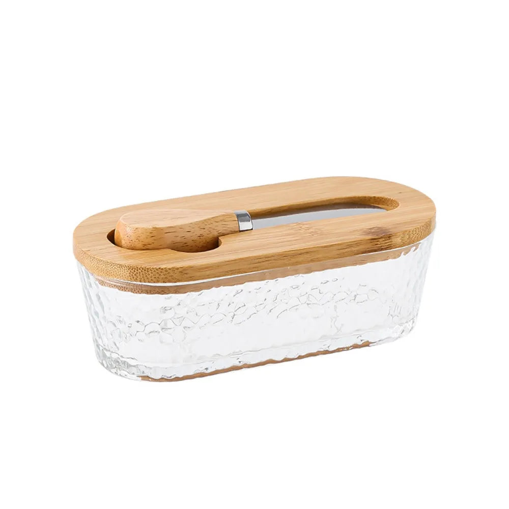 Durable Oval Shape Glass Butter Box Visible Fresh-keeping Butter Dish With Lid and Spatula Transparent Butter Container Baking