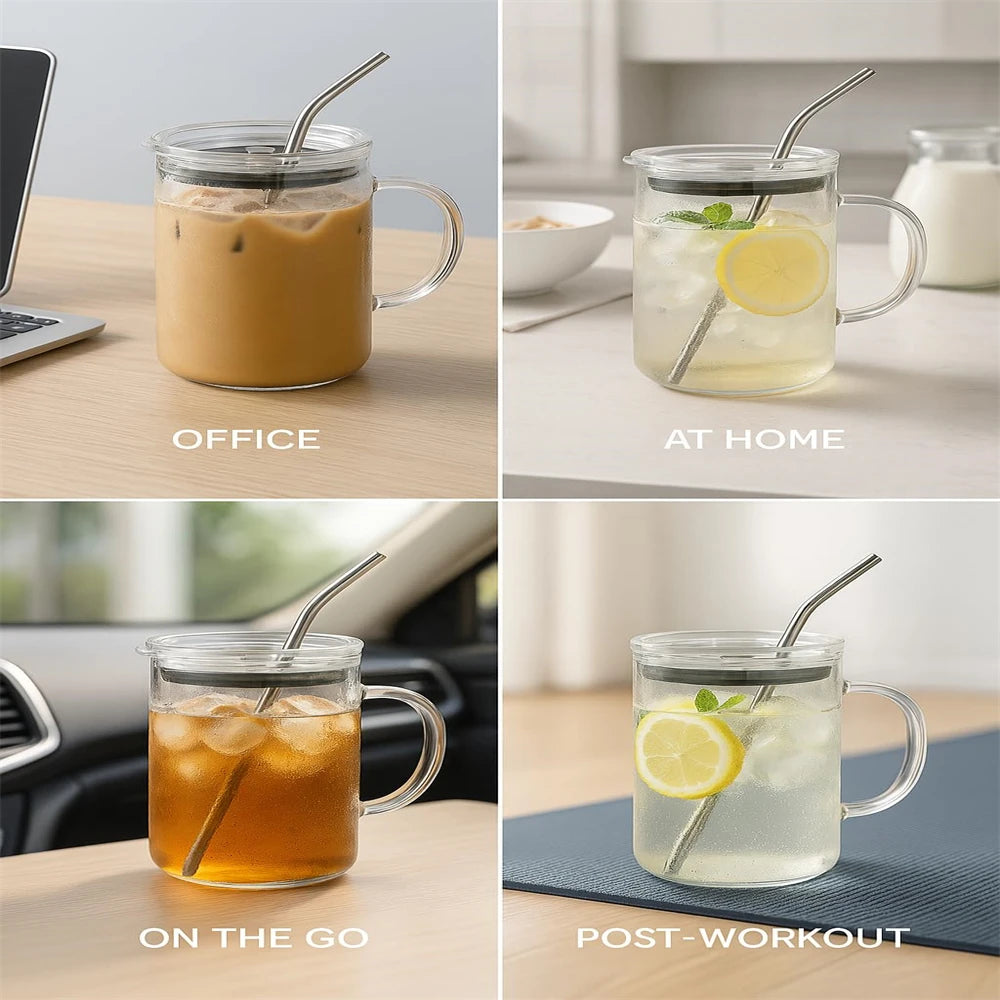 1000ML Glass Tumbler with Straw and Lid Reusable Iced Coffee Tumbler for Hot & Cold Drinks Smoothies, Tea, Juice, Office, Car