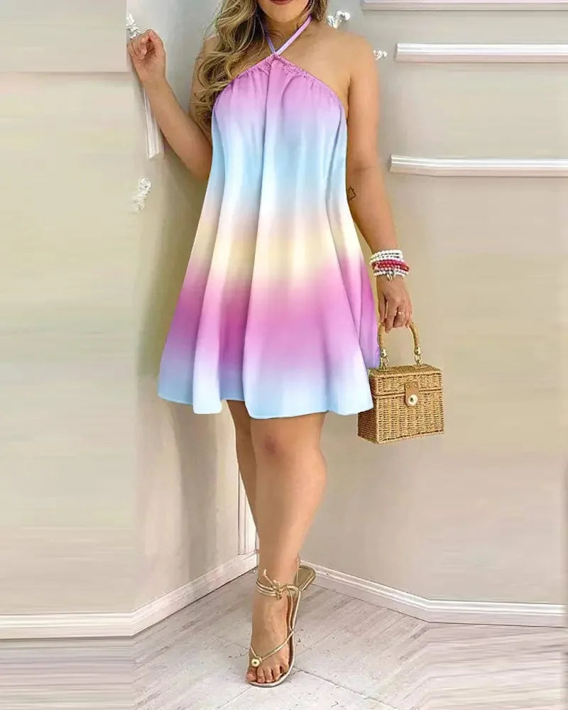 Women's 2026 Tropical Leaf Print Halter Neck Mini Dress Sleeveless Backless A-Line Summer Beach Sundress Casual