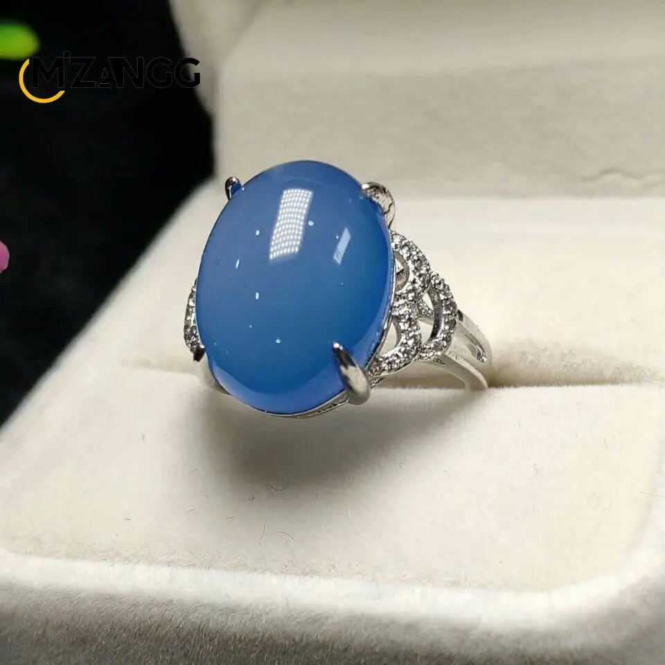 S925 Silver Inlaid Agate Ring Opening Adjustable Natural Green Chalcedony Hand-carved Ring Fashion Boutique Jewelry Women Ring