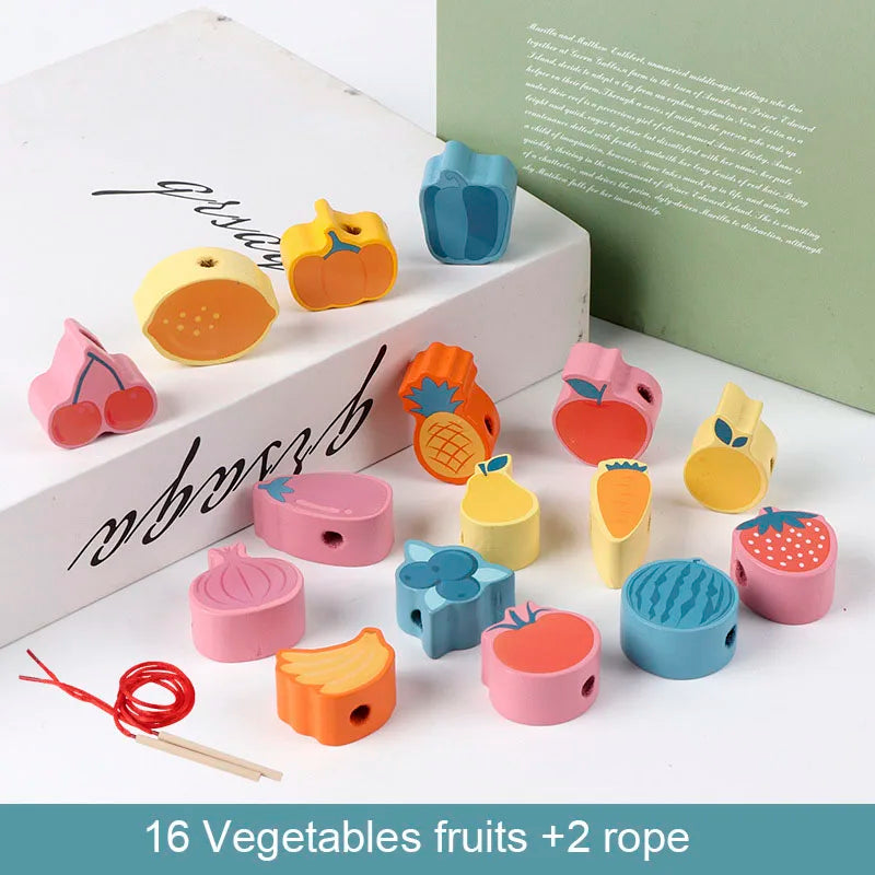 Kids Montessori Wooden Lacing Toy DIY Wooden Beads For Children Cartoon Animals Fruit Letter Digital Beads Threading Toys Gifts