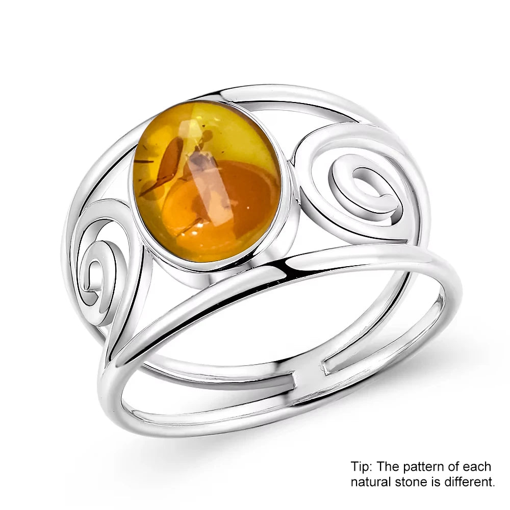 S925 Sterling Silver Ring With Natural Amber Stone Flower Shape Oval Petal Amber Stone Gifts Fine Jewelry For Women