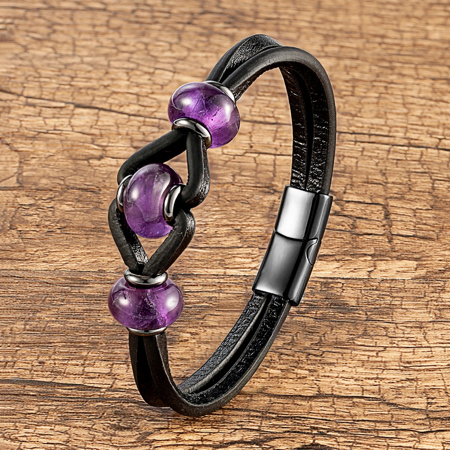 Round Natural Amethyst Crystal Stone Bracelet Women Charm Black Double Leather Rope Chain Stainless Steel Magnetic Men's Jewelry