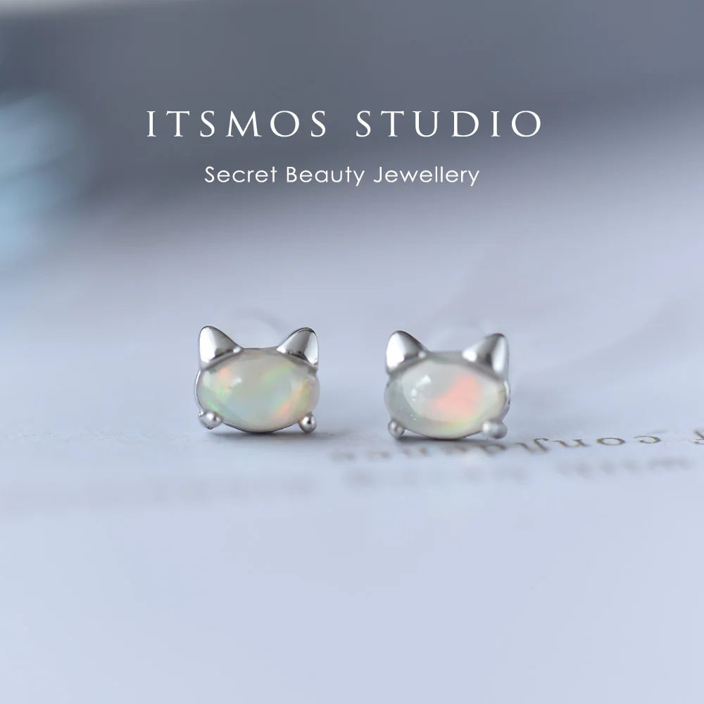 ITSMOS Opal Earrings s925 Sterling Silver Post Natural Fire Opal Cute cat Studs Delicate Simple Jewelry Women Lovely Gift