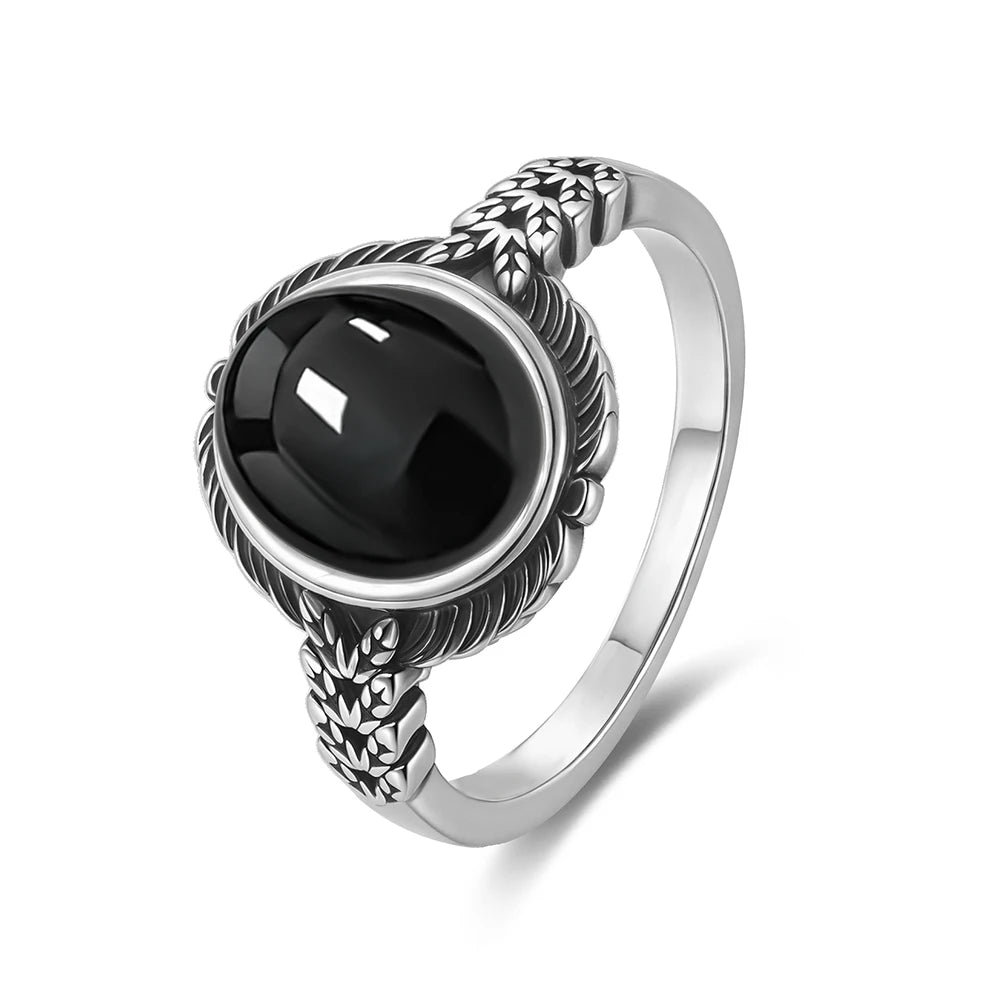 Vintage S925 Sterling Silver Natural Blakc Onyx Ring Oval 8*10MM Simple Black Twists Ring Party Gifts Fine Jewelry For Women Men