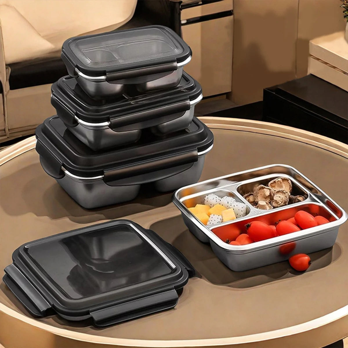 WORTHBUY 2/3 Grids 304 Stainless Steel Lunch Box Portable Leak-proof Food Container Large Capacity Bento Box For Students Adult