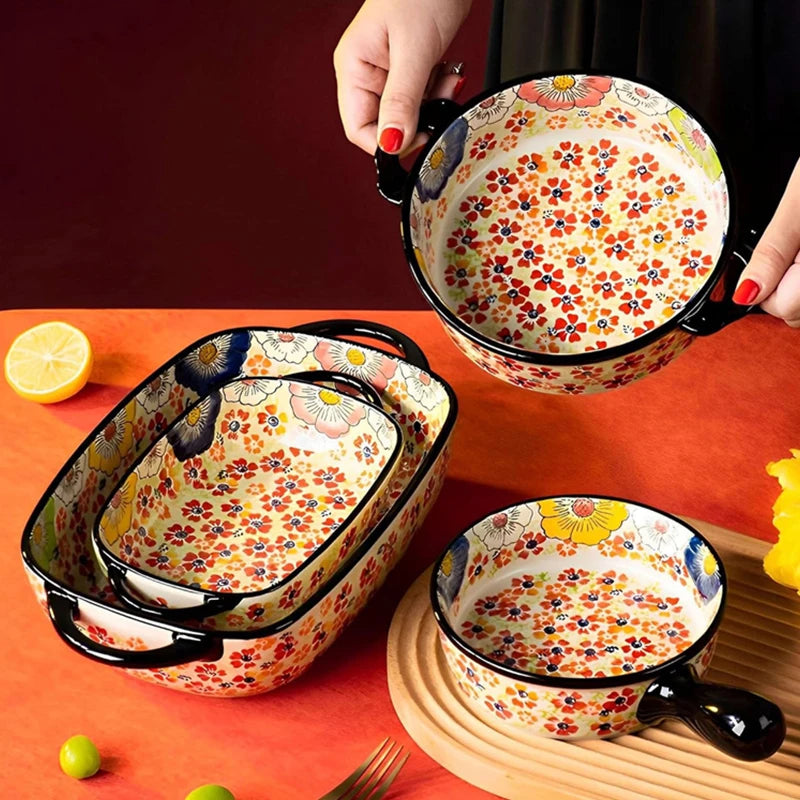 Polish Pottery Floral Baking Dish Set, Hand Painted Ceramic Bakeware with Handles, Oven Safe for Casserole & Fruit Serving