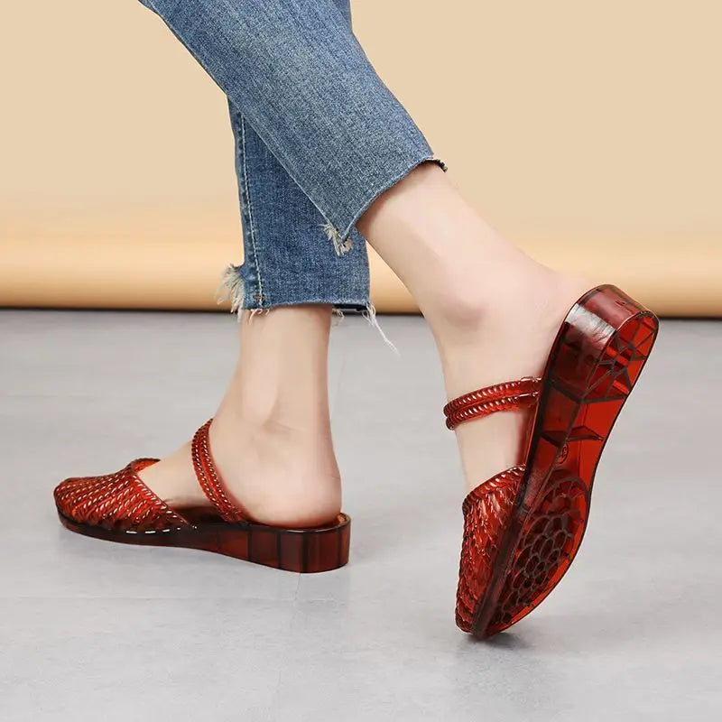 sandalias de mujer verano 2026 closed toe crystal jelly shoes two-way wear sandals for girls wedge cut-outs clogs