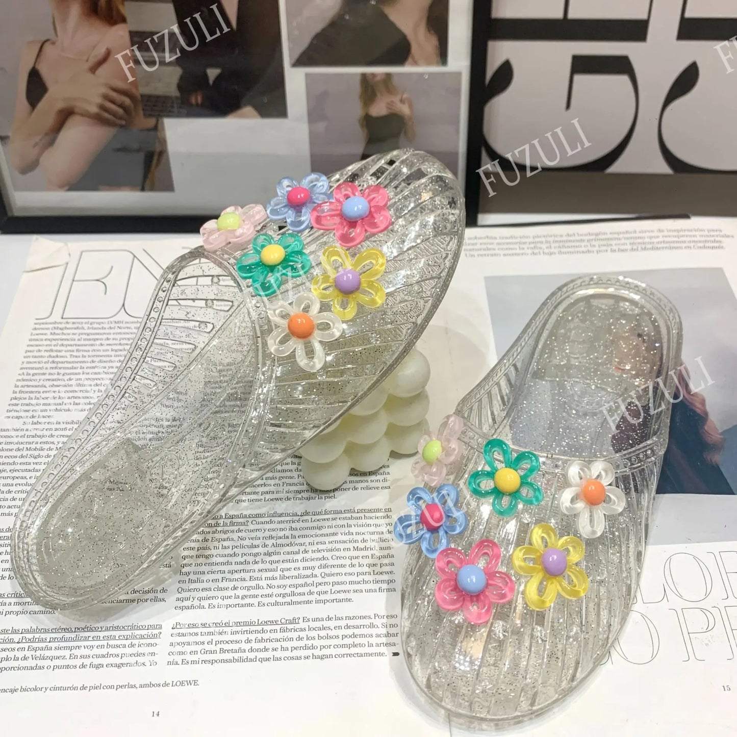 Clear Floral Crystal Jelly Shoes Transparent Slip On Sandals Summer Casual Open Toe Jelly Slippers Women Daily Beach Footwear